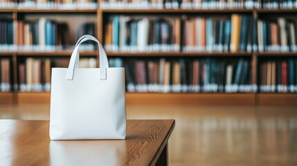 White Tote Bag Mock-Up on Wooden Library Table