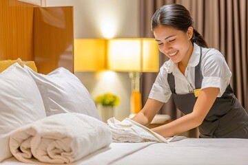 A smiling hotel staff member arranges bedding in a cozy room, showcasing hospitality and attention to detail.