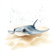 Fototapeta premium A baby stingray gracefully glides above soft sand, surrounded by gentle sea foam, creating a tranquil atmosphere through delicate watercolor brushstrokes