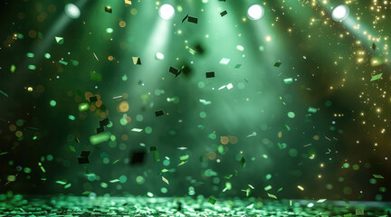 Confetti flying, green spotlights in the background. Generative AI.