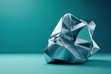 A metallic abstract sculpture with sharp angles and a smooth surface against a teal backdrop.