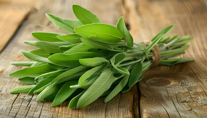 Bunch of fresh sage leaves on wooden table, closeup