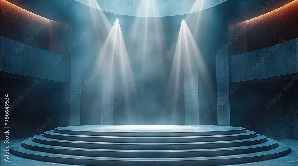 Aufkleber a circular empty stage, centrally elevated, with six spotlights shining down on the stage, an open s