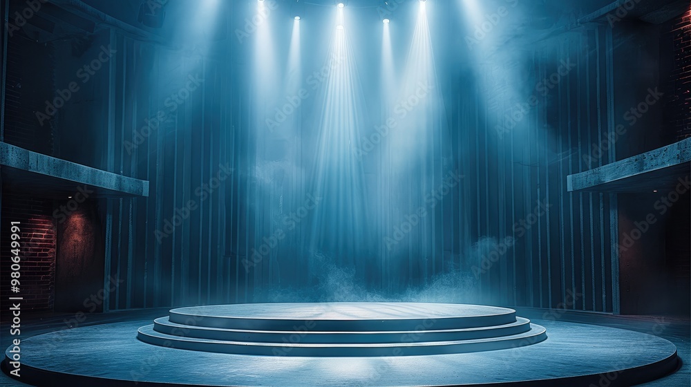 Aufkleber a circular empty stage, centrally elevated, with six spotlights shining down on the stage, an open s