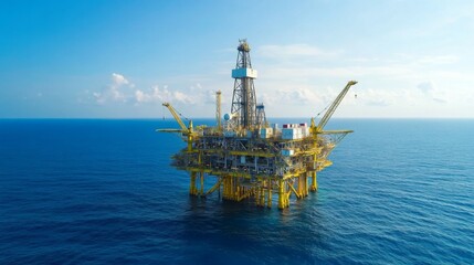 Offshore oil rig platform in open sea. Oil and gas wellhead remote platform produced raw gas and oil