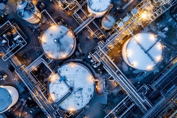 Aerial view of an oil refinery with storage tanks and pipelines, highlighting the complex infrastructure and energy production in an industrial facility.