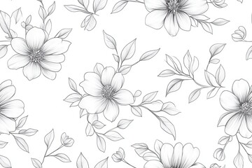 A monochromatic floral pattern featuring various flowers and leaves on a white background.