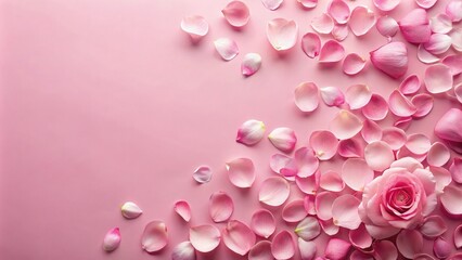 Obraz premium Soft pink background with delicate, pale pink rose petals scattered subtly in the upper right and lower left corners, creating a gentle and minimalist floral composition