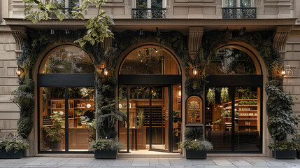 Front view of a luxurious vintage-inspired pop-up store for a plant brand. The exterior is a tall European-style building with an arched entrance, decorated with lush greenery, vines, and plants.