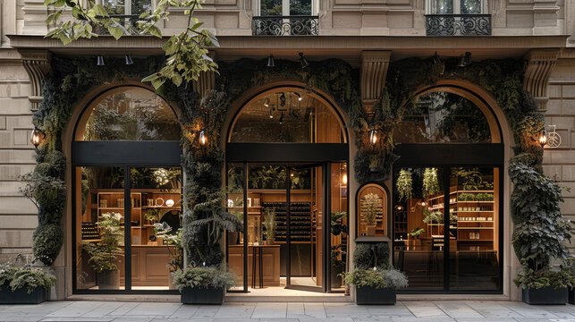 Front view of a luxurious vintage-inspired pop-up store for a plant brand. The exterior is a tall European-style building with an arched entrance, decorated with lush greenery, vines, and plants.