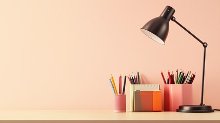 Colorful workspace with a desk lamp, stationery, and vibrant art supplies during a calm afternoon