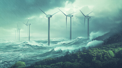 Stormy winds whip through dramatic landscape featuring wind turbines amidst turbulent waves. scene captures power of nature and renewable energy in striking visual