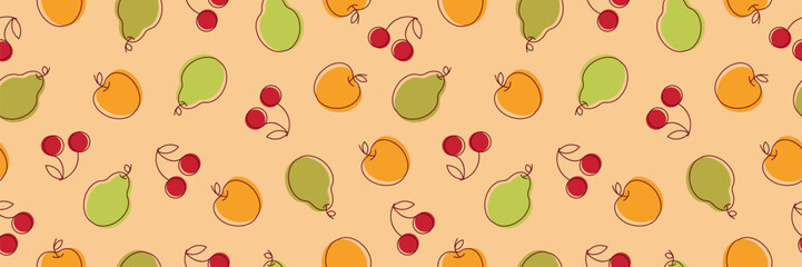Fruit pattern. Seamless pattern with cherries, apples, pears. Colorful pattern. Vector. Vector illustration