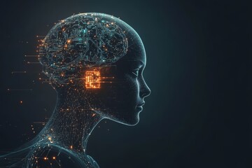 Futuristic portrait of a humanoid figure with glowing neural networks symbolizing the integration of human cognitive abilities with artificial intelligence in a tech driven world