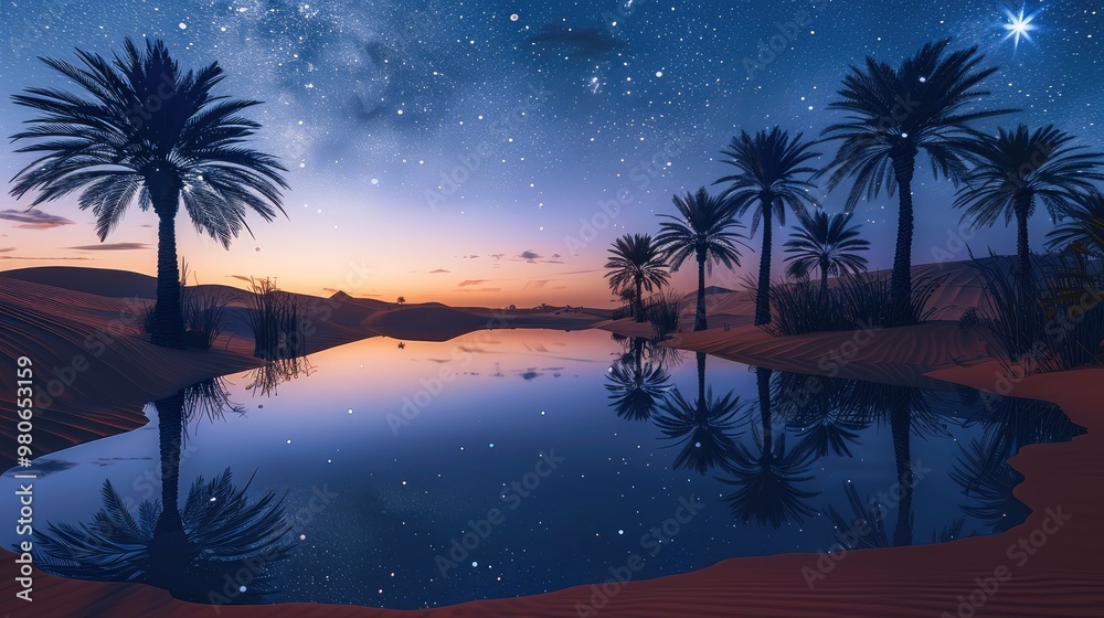 Poster tranquil oasis in the desert at twilight, still water reflecting the starry sky, palm trees swaying 