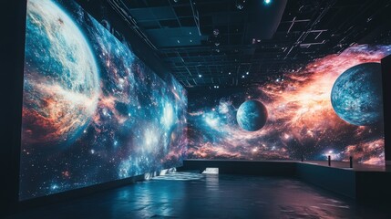 Naklejka premium A space photography exhibition with high-resolution images of planets, stars, and galaxies displayed on large screens