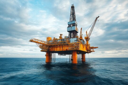 Offshore oil rig platform in open sea. Oil and gas wellhead remote platform produced raw gas and oil
