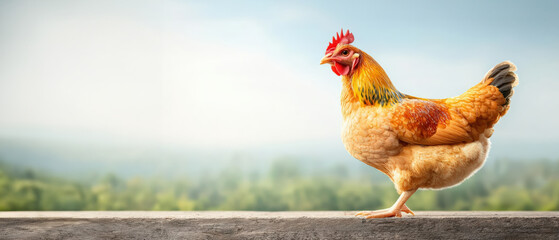 Fototapeta premium A vibrant hen strolls confidently along a ledge in a serene rural landscape, showcasing its colorful plumage against the serene backdrop.
