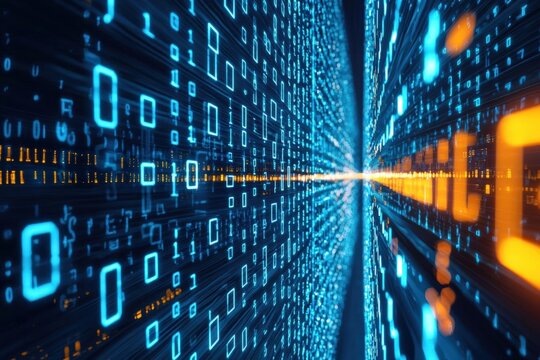 Abstract digital landscape featuring blue and orange binary code, representing technology, data, and information flow.
