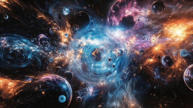 An artistic interpretation of multiple universes or parallel realities existing within a multiverse, connected by quantum phenomena