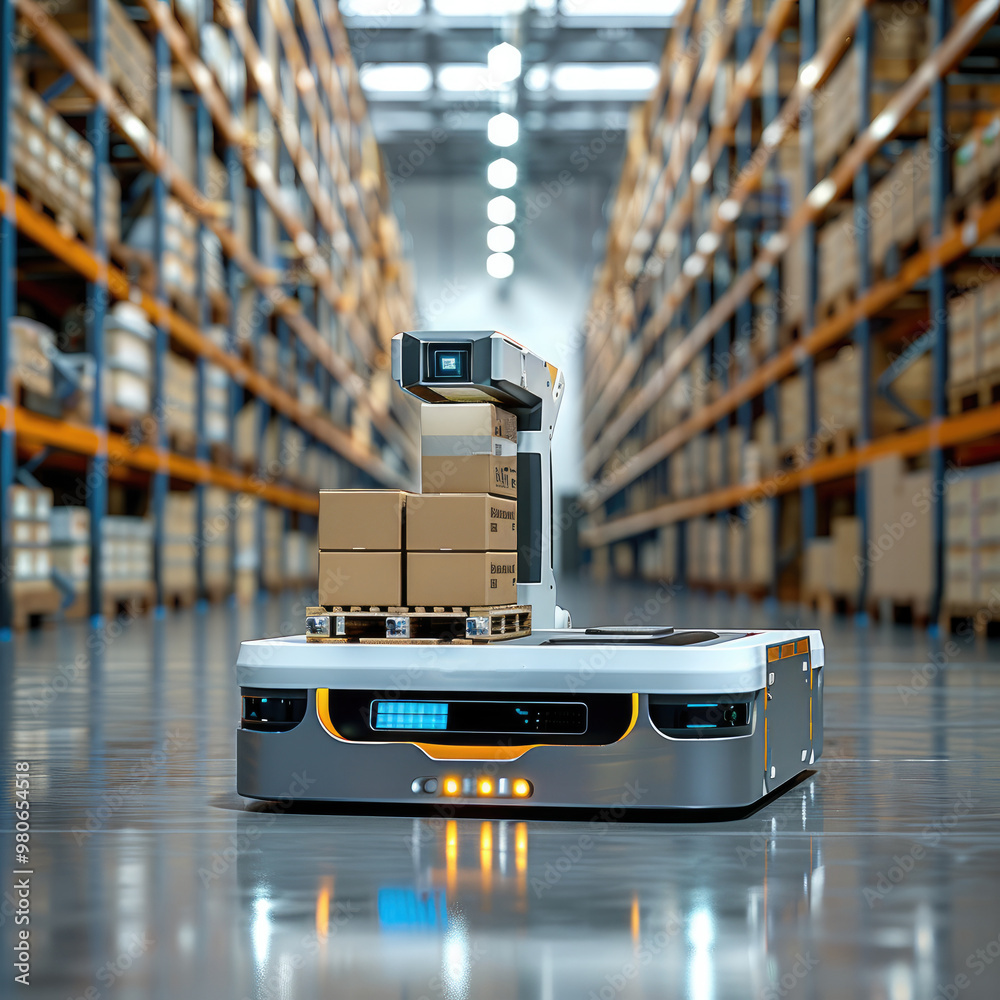 Aufkleber low-profile robot loader with a flat, wide design, similar to a pallet mover, without a mechanical a