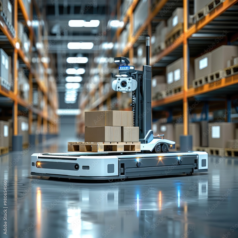Aufkleber low-profile robot loader with a flat, wide design, similar to a pallet mover, without a mechanical a