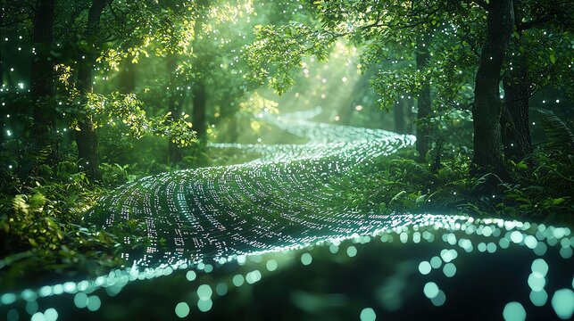 technology harmonize nature Magical forest pathway illuminated by glowing lights, showcasing the enchanting beauty of nature and its serene ambiance.