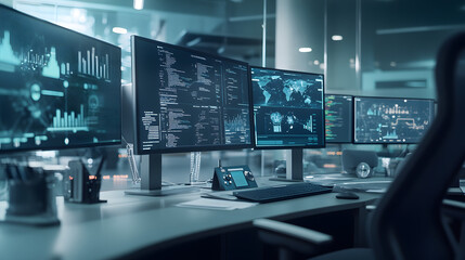 Cybersecurity Data Analysis Workstation with Multiple Monitors