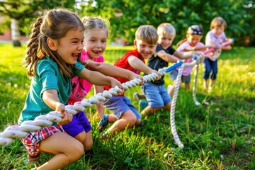 Fototapeta premium Children playing tug of war outdoors, smiling and engaged in a fun game on a sunny day