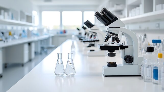 A sterile, well-lit laboratory with rows of advanced microscopes and medical equipment, showcasing a sense of scientific research and cutting-edge technology. , Product photography with high