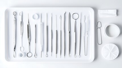 A sterile medical tray with various surgical instruments arranged in a meticulous pattern, highlighting the precision and importance of each tool. , Product photography with high resolution, studio