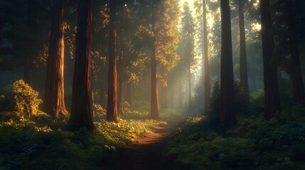 Sunbeams Illuminating a Path Through a Dense Redwood Forest