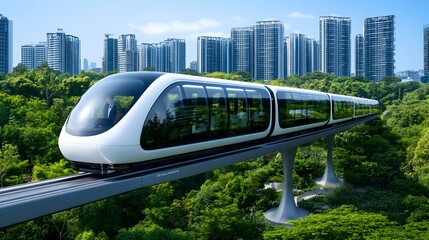 Futuristic Maglev Train Gliding Through Lush Green Landscape, Showcasing Sustainable Transportation Innovation and Natural Harmony