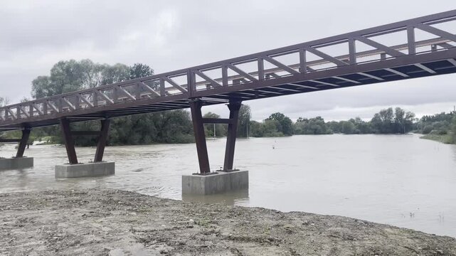 Massive flooding caused by storm Boris. view of the flooded river and flooded meadows in Czech republic, Devastating impact of deadly floods in Europe