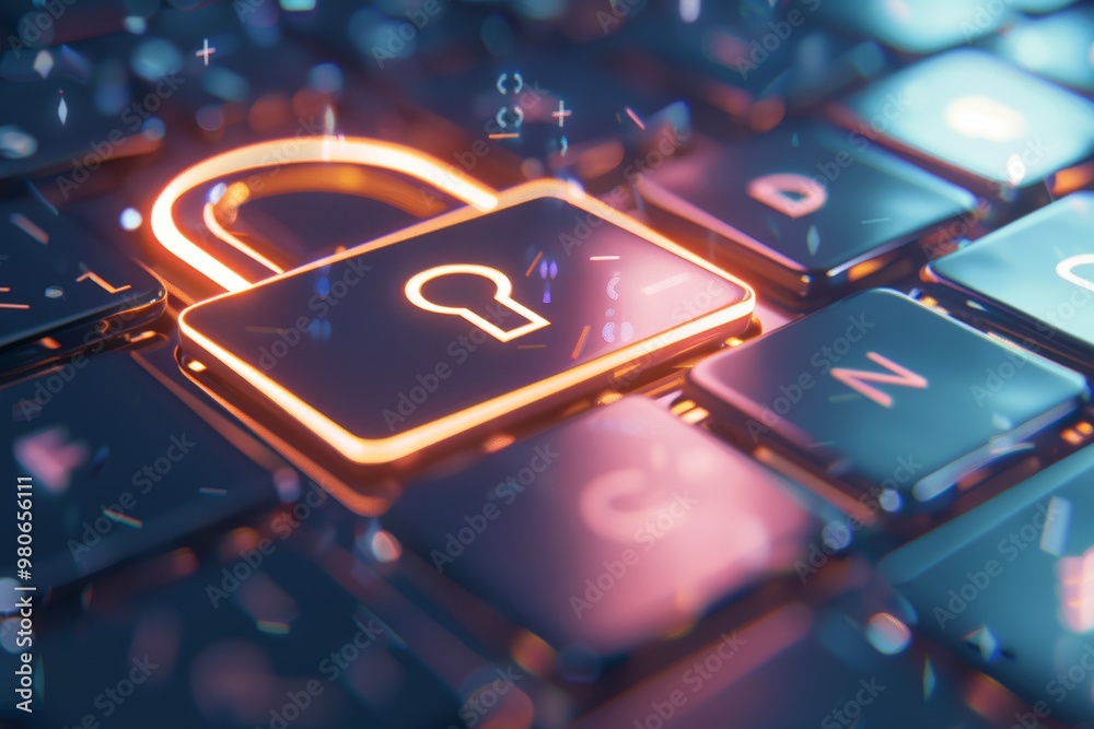Poster Digital lock icon glowing on a keyboard, representing cybersecurity, encryption, and data protection in a virtual technology environment.