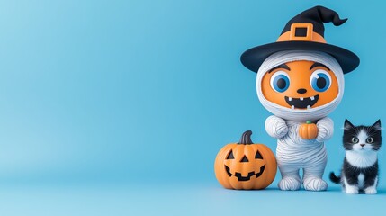A cute Halloween scene featuring a mummy character, pumpkin, and black cat against a vibrant blue background.