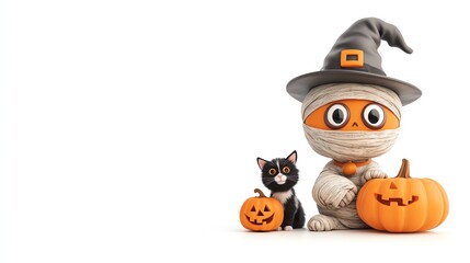 A cute Halloween scene featuring a mummy character, black cat, and carved pumpkin, perfect for festive decorations.