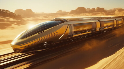 Fototapeta premium Futuristic Bullet Train Speeding Through the Desert - made with Generative AI