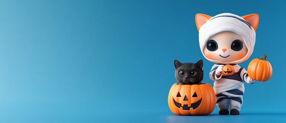 Fototapeta premium A playful cat character in a Halloween costume, holding a pumpkin next to a black cat and decorative pumpkin.