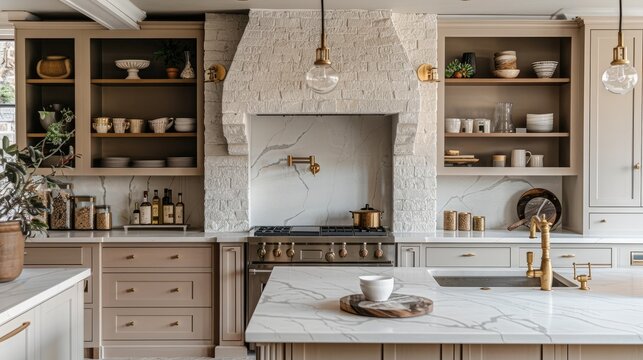 A modern organic kitchen, countertop hutch cabinet with reeded glass, white stone wall with a built-in plaster range hood with oils and salt and pepper brass grinders on shelf inside. Generative AI.