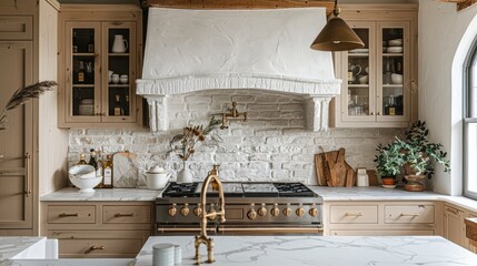 A modern organic kitchen, countertop hutch cabinet with reeded glass, white stone wall with a built-in plaster range hood with oils and salt and pepper brass grinders on shelf inside. Generative AI.
