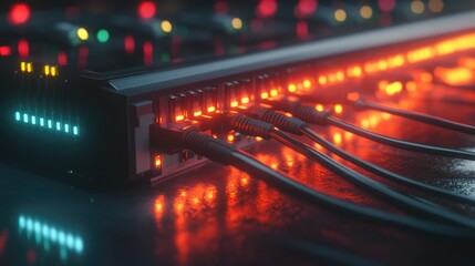 A sleek network switch with glowing LEDs and connected network cables, showing real-time data transmission.