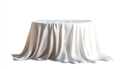 A tablecloth gracefully draped over a table, isolated on a white background, emphasizing the texture and design of the fabric.