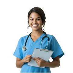 Female nurse  holding clipboard and smiling isolated on transparent background