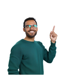 Naklejka premium Smiling man pointing up isolated on transparent background