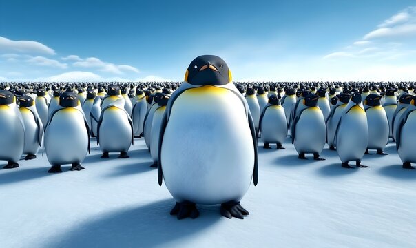 Emperor Penguin Colony on Ice Shelf, vast gathering of emperor penguins huddled together on a pristine ice expanse, showcasing resilience in harsh conditions