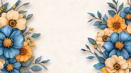 Floral Border with Blue and Yellow Flowers on White Background.