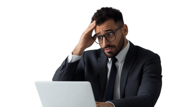 Confused stressed businessman scratching his head  looking at  laptop isolated on transparent background