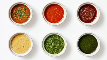 Aerial shot of different sauces in bowls, showcasing a variety of flavors against a white background.
