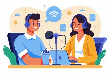 Engaging podcast interview concept with hosts and microphone setup for modern broadcasting